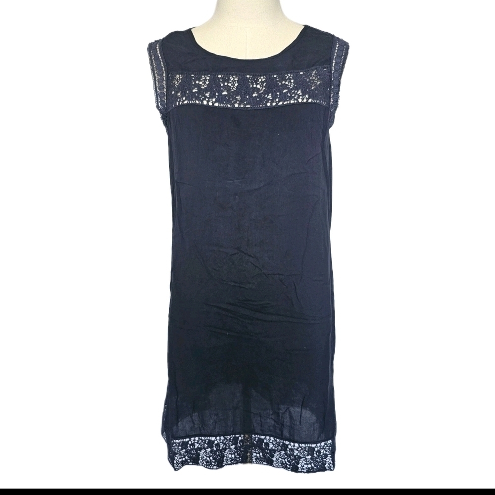 Lulu's Sleeveless Shift Navy Blue Cotton Blend Lace Accents Summer Short Dress M